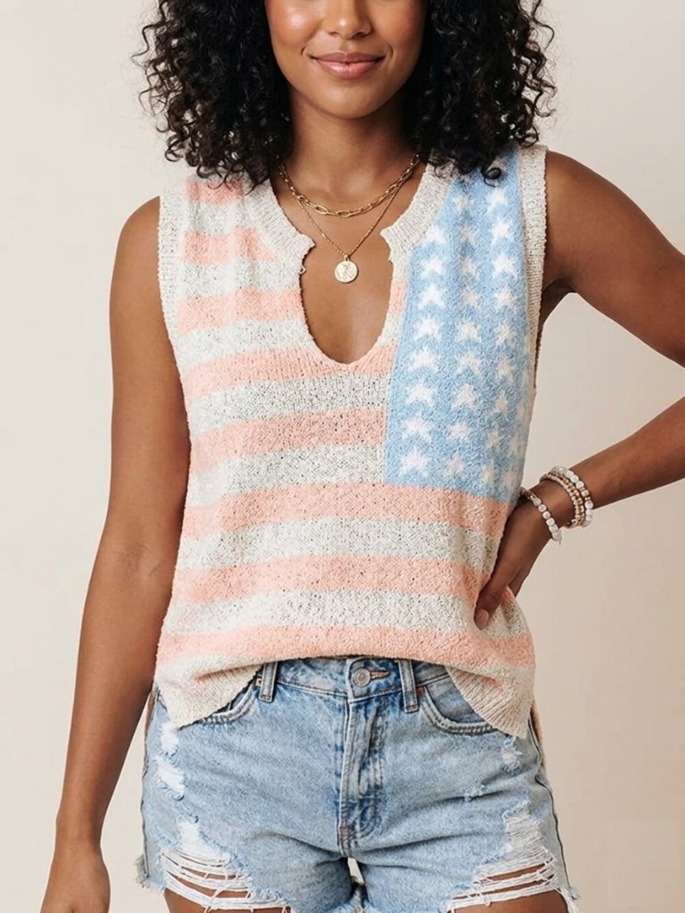 Striped Sleeveless Knit Top in Peach and Light Blue